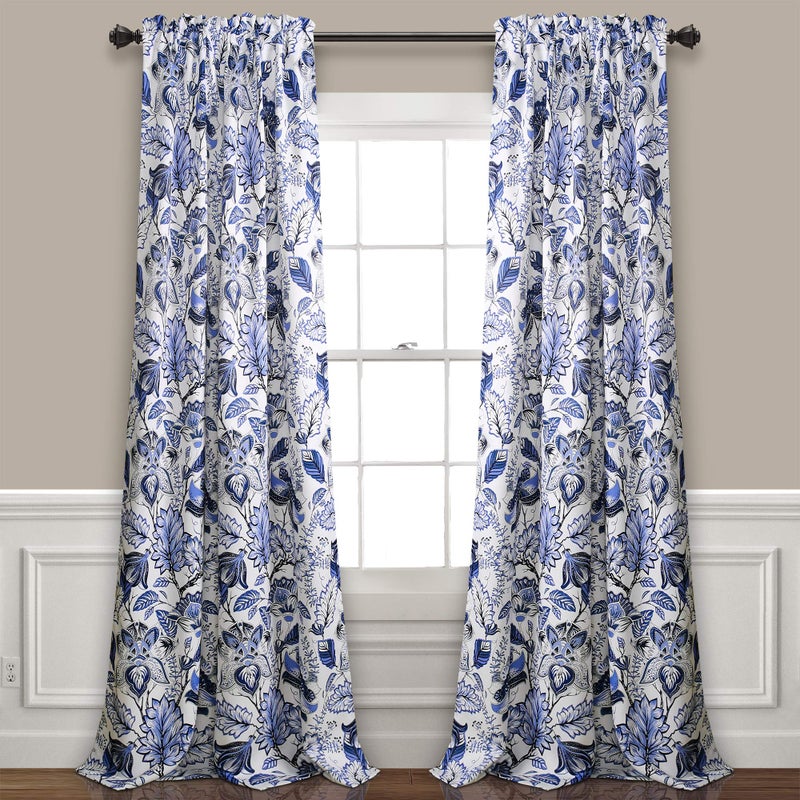 Lush Decor, Blue Cynthia Jacobean Darkening Window Curtains Set for Living, Dining Room, Bedroom, 108" L Panel Pair - Image 1